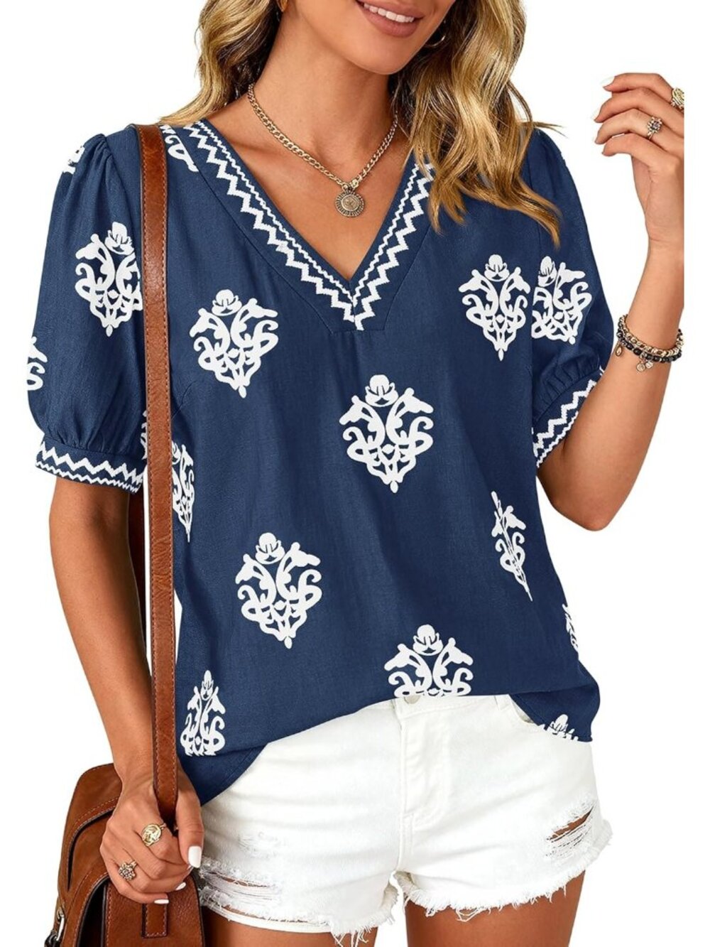 Women's Blue White Flower Short Sleeves V Neck Boho Blouses Beach T Shirts